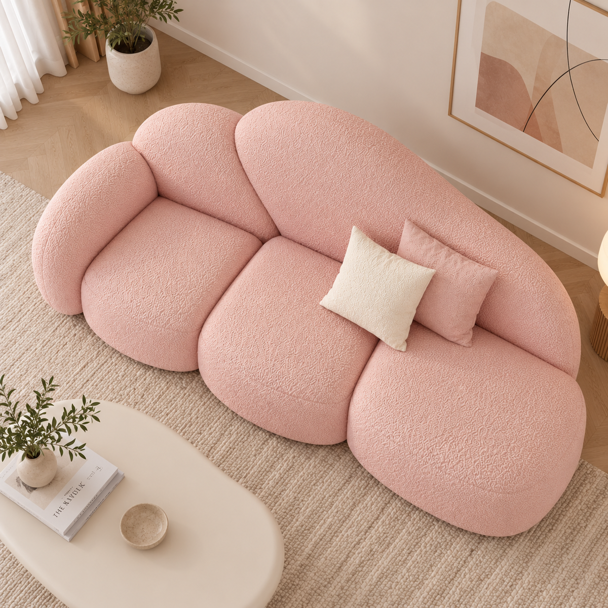 Modern Pink Boucle Sofa for Living Room | Cloud Style Curved 3-Seater Sofa | Plush Upholstered Couch