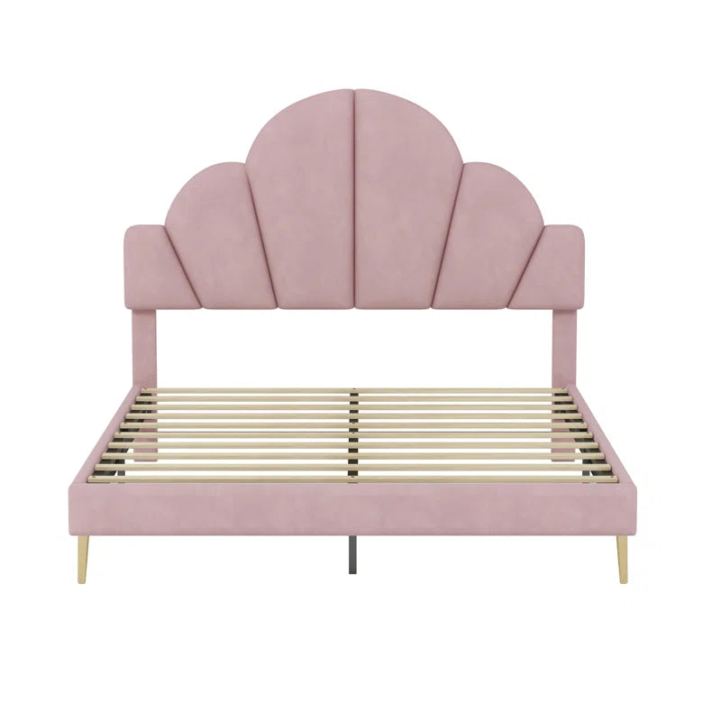 Modern Queen Size Upholstered Bed Frame With Elegant Design And Petal Shape Headboard
