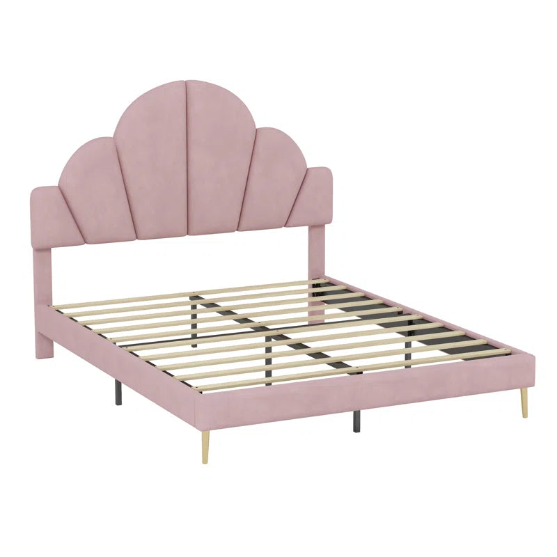Modern Queen Size Upholstered Bed Frame With Elegant Design And Petal Shape Headboard