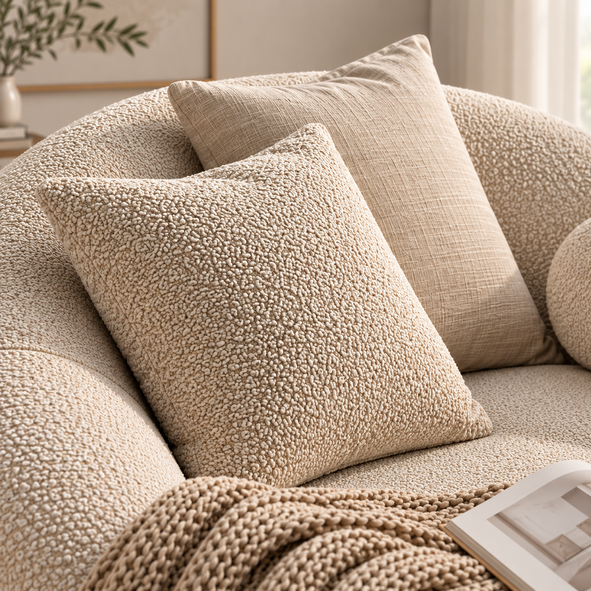 Modern Round Boucle Sofa Chair for Living Room, Oversized Curved Accent Chair with Plush Cushions, Cream Upholstered Lounge Chair for Bedroom, Reading Room & Relaxation