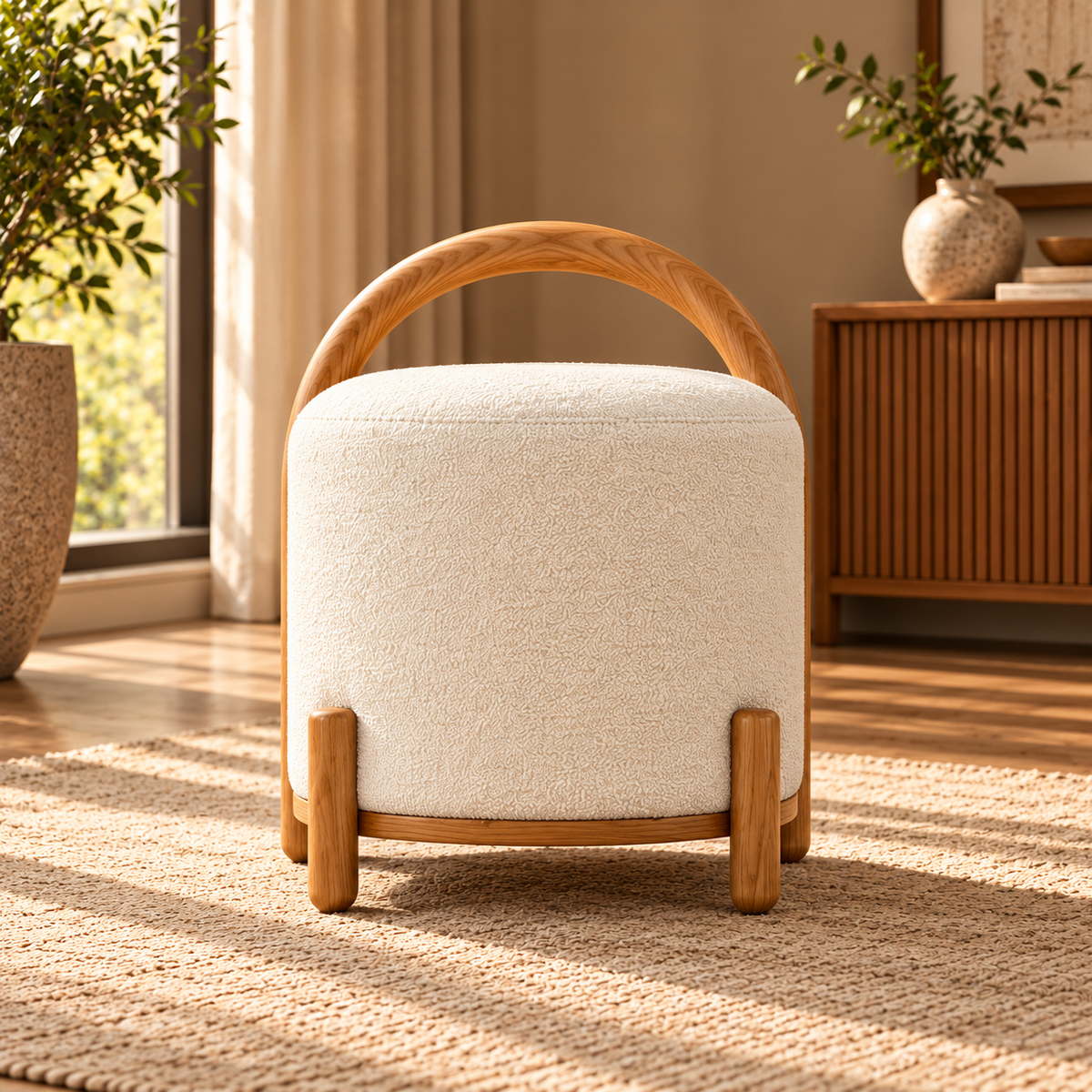 Modern Round Ottoman Stool with Cream Bouclé Upholstery and Wooden Handle, Upholstered Accent Stool for Living Room