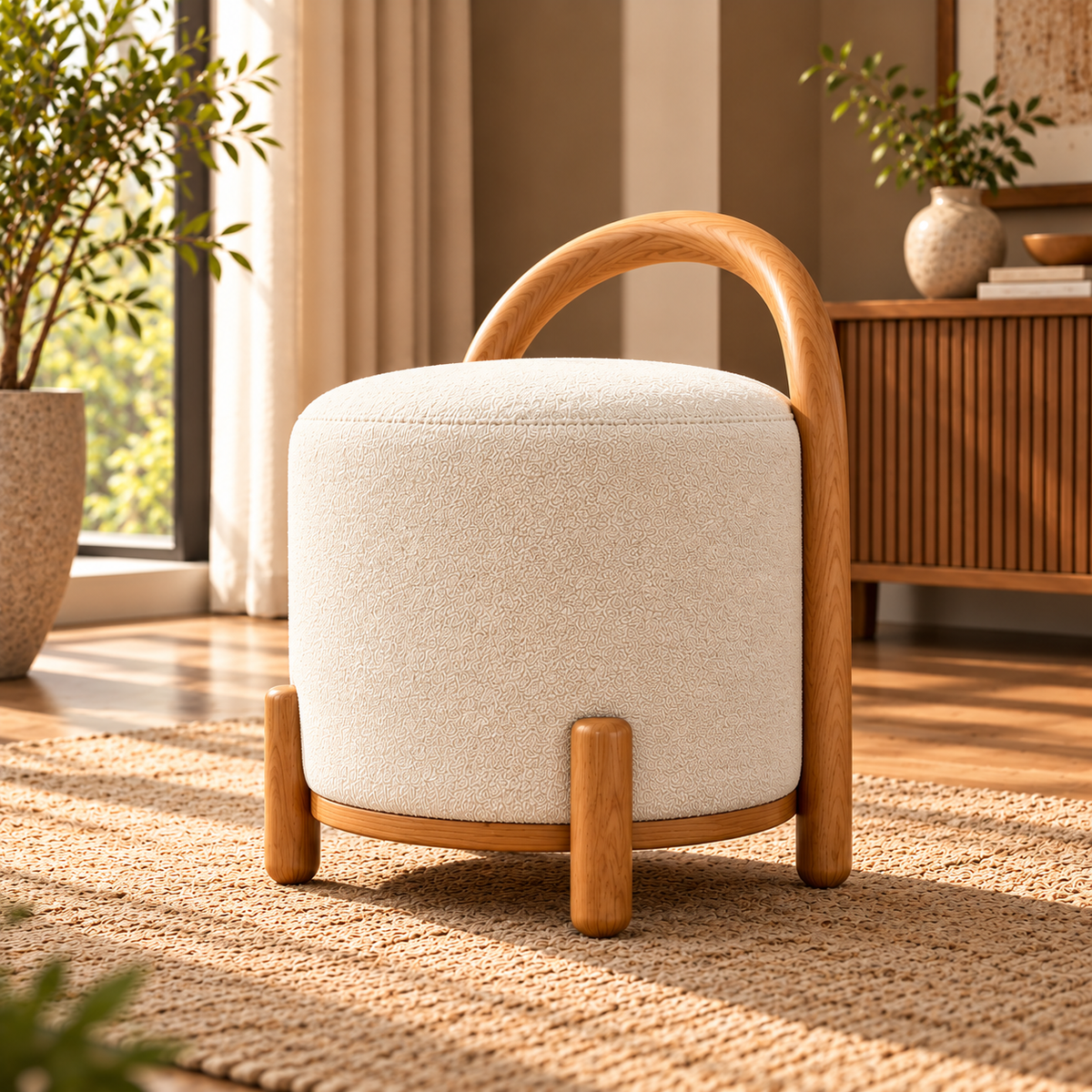 Modern Round Ottoman Stool with Cream Bouclé Upholstery and Wooden Handle, Upholstered Accent Stool for Living Room