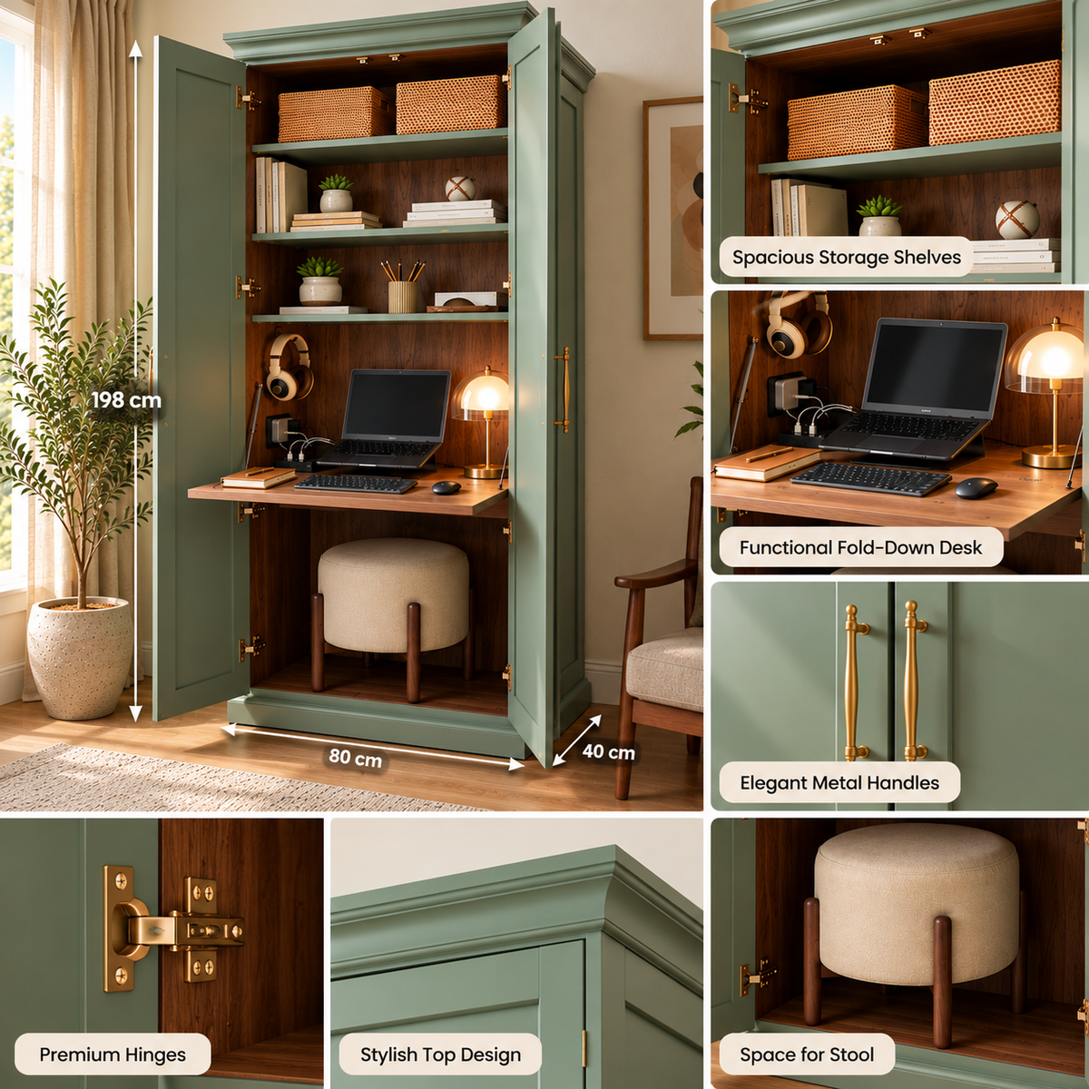 Modern Sage Green Armoire Cabinet with Fold-Down Desk