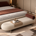 Modern Upholstered Bedroom Bench with Wooden Accent Tray, Rounded Cream Fabric Ottoman with Bolster Cushion and Metal Legs for Bedroom & Living Room