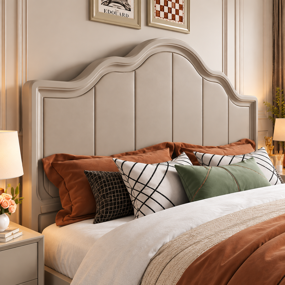 Modern Upholstered Wooden Bed with Scalloped Headboard & Panelled Footboard