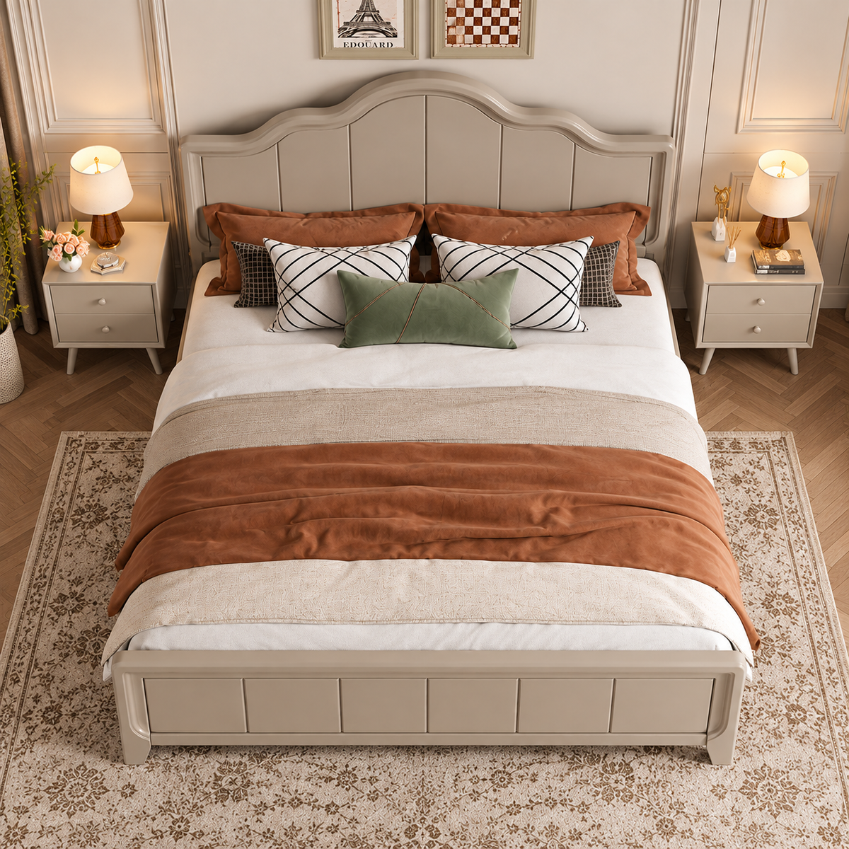 Modern Upholstered Wooden Bed with Scalloped Headboard & Panelled Footboard
