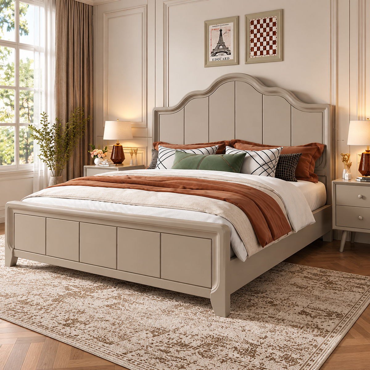 Modern Upholstered Wooden Bed with Scalloped Headboard & Panelled Footboard