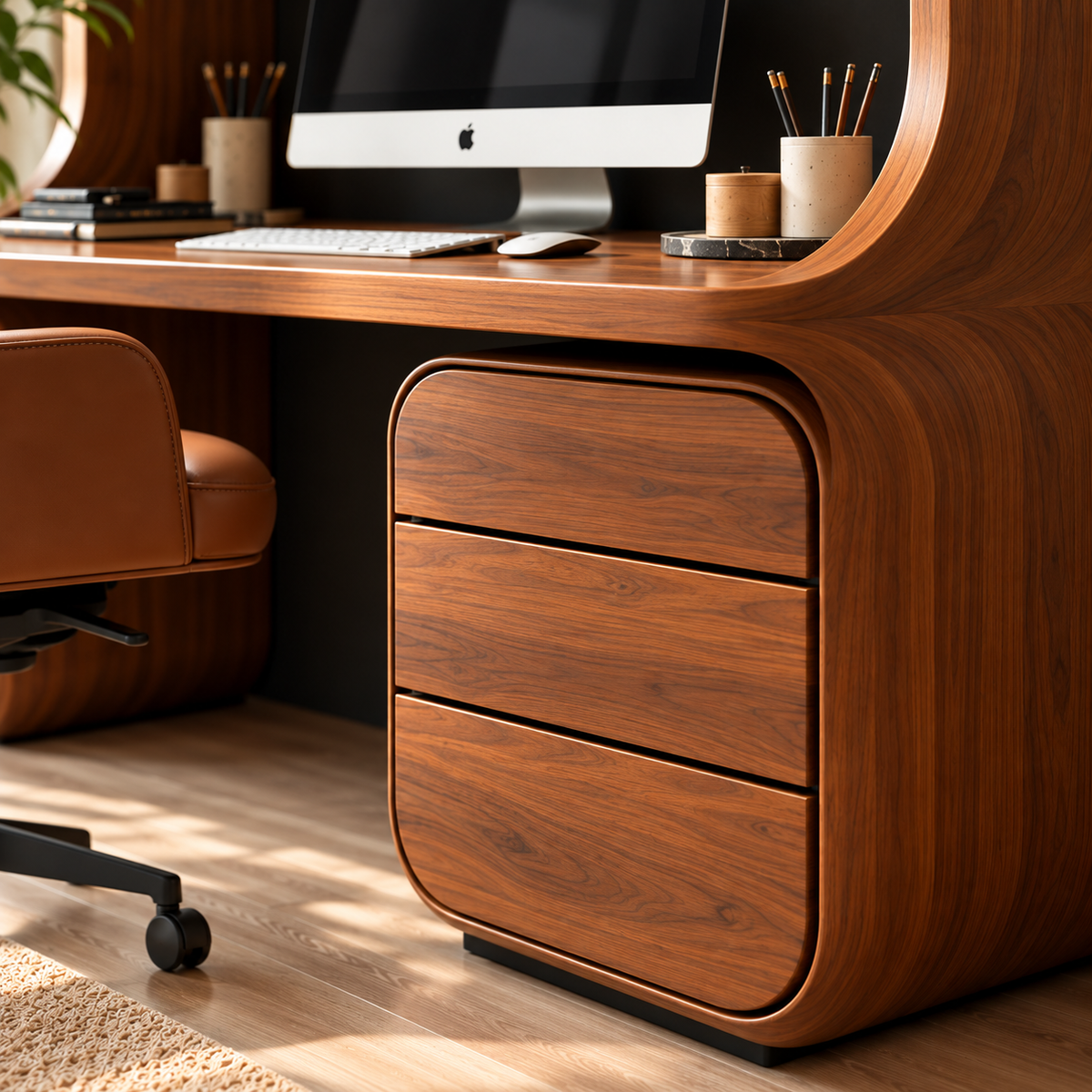 Modern Walnut Home Office Desk with Integrated Shelves & 3 Drawers