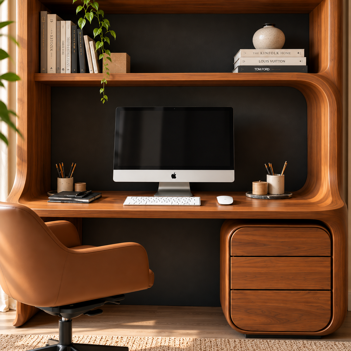 Modern Walnut Home Office Desk with Integrated Shelves & 3 Drawers