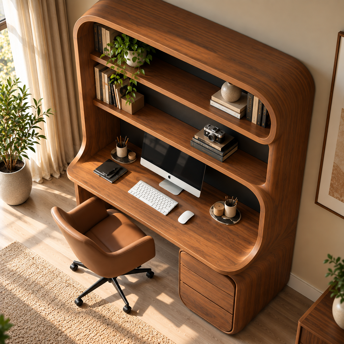 Modern Walnut Home Office Desk with Integrated Shelves & 3 Drawers