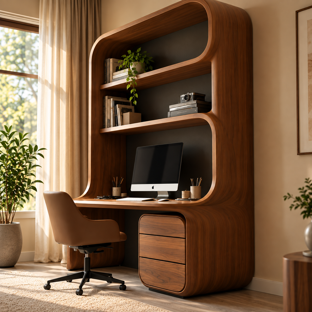Modern Walnut Home Office Desk with Integrated Shelves & 3 Drawers