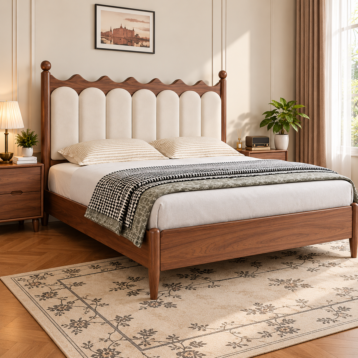 Modern Walnut Wooden Bed with Cream Upholstered Scalloped Headboard
