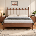 Modern Walnut Wooden Bed with Cream Upholstered Scalloped Headboard