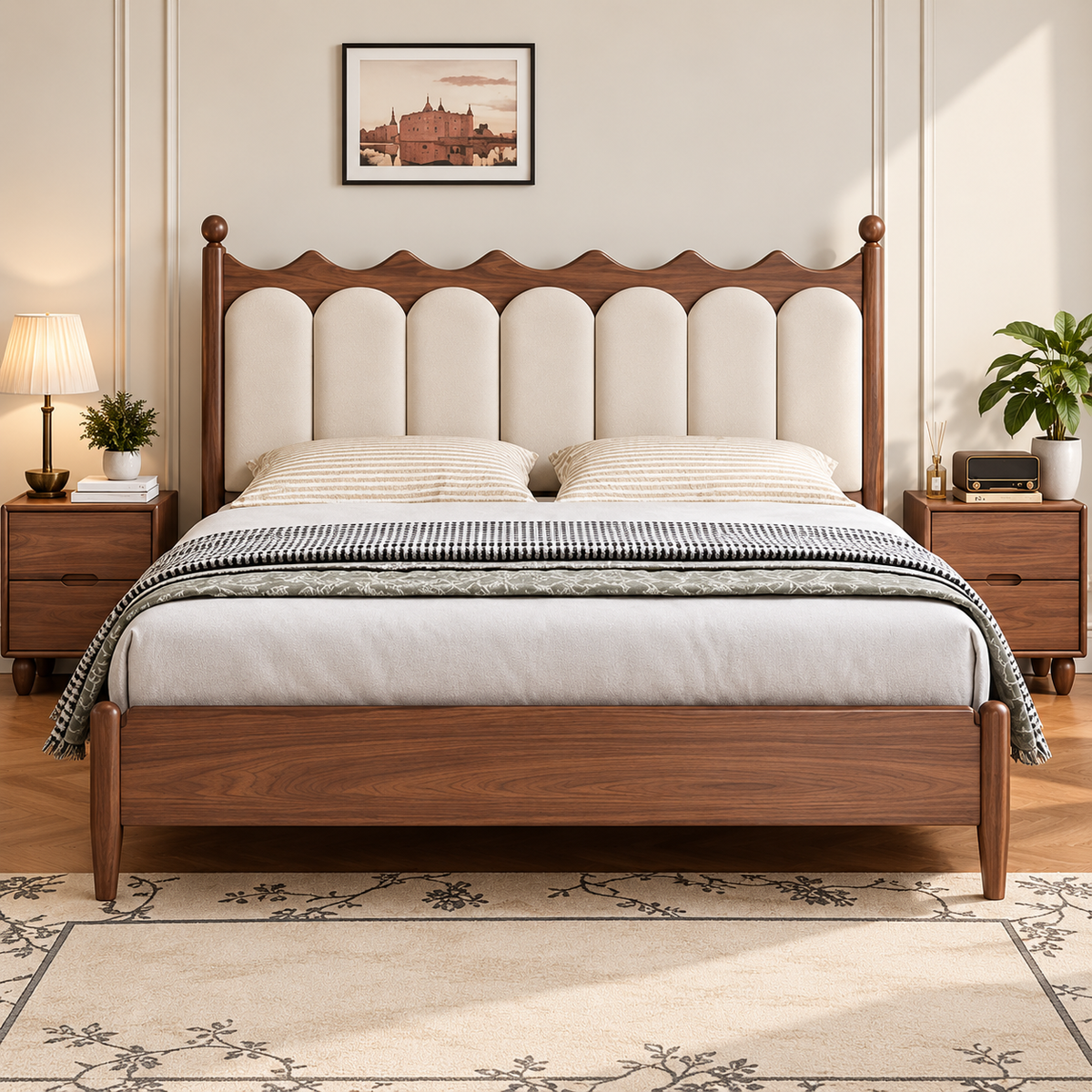 Modern Walnut Wooden Bed with Cream Upholstered Scalloped Headboard