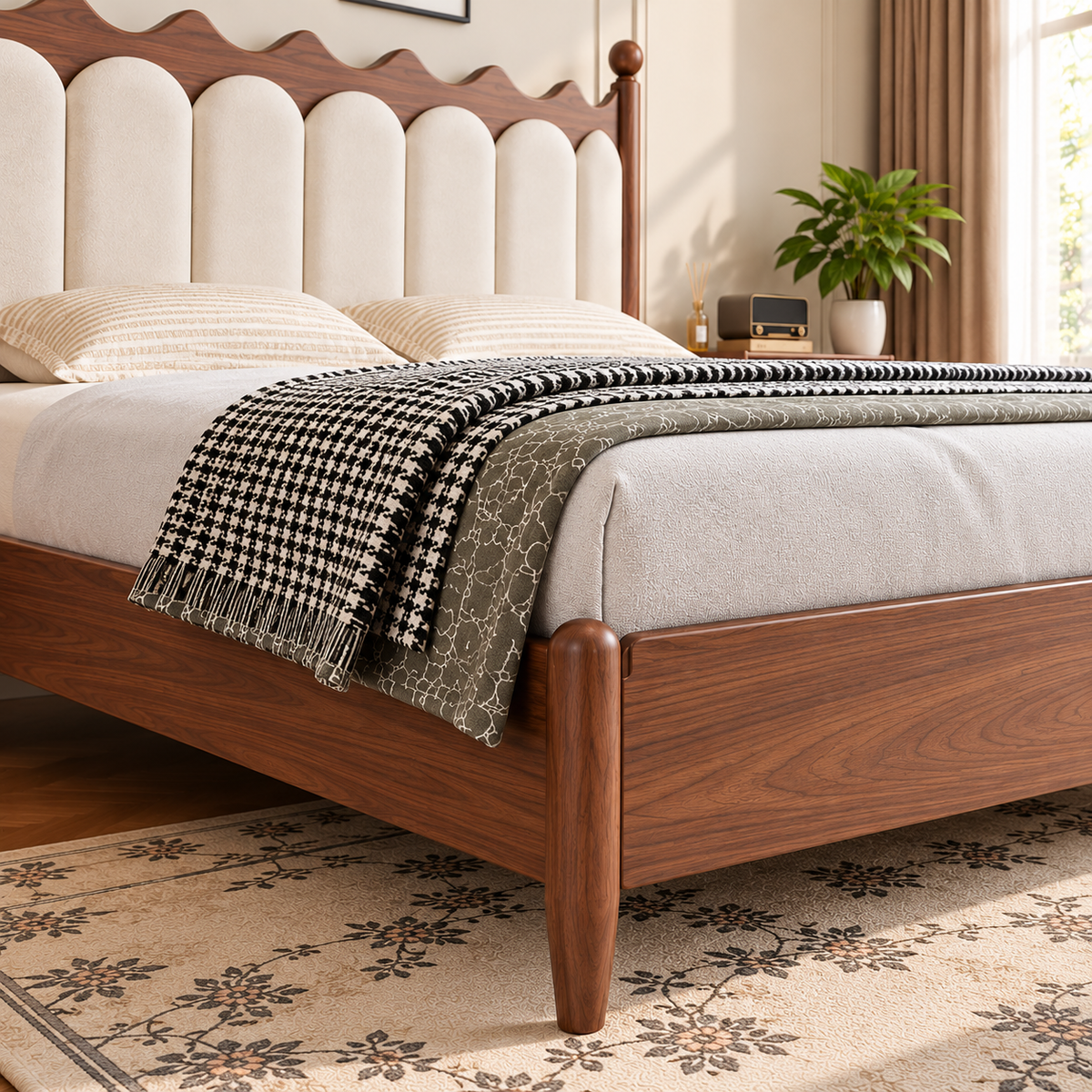 Modern Walnut Wooden Bed with Cream Upholstered Scalloped Headboard