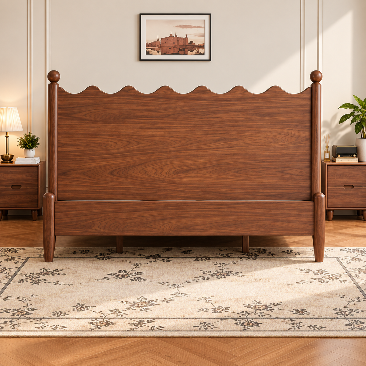 Modern Walnut Wooden Bed with Cream Upholstered Scalloped Headboard