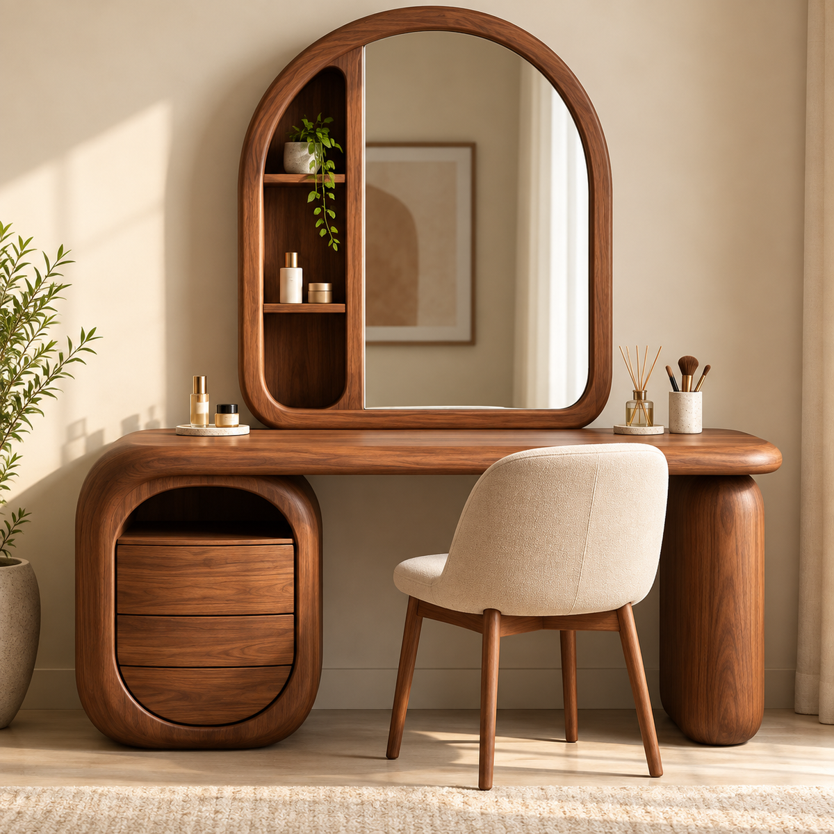 Modern Walnut Dressing Table with Arched Mirror & 3 Drawers