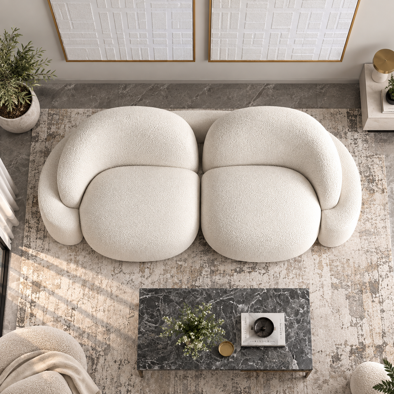 Modern White Boucle 2 Seater Sofa | Luxury Curved Loveseat with Plush Cushions