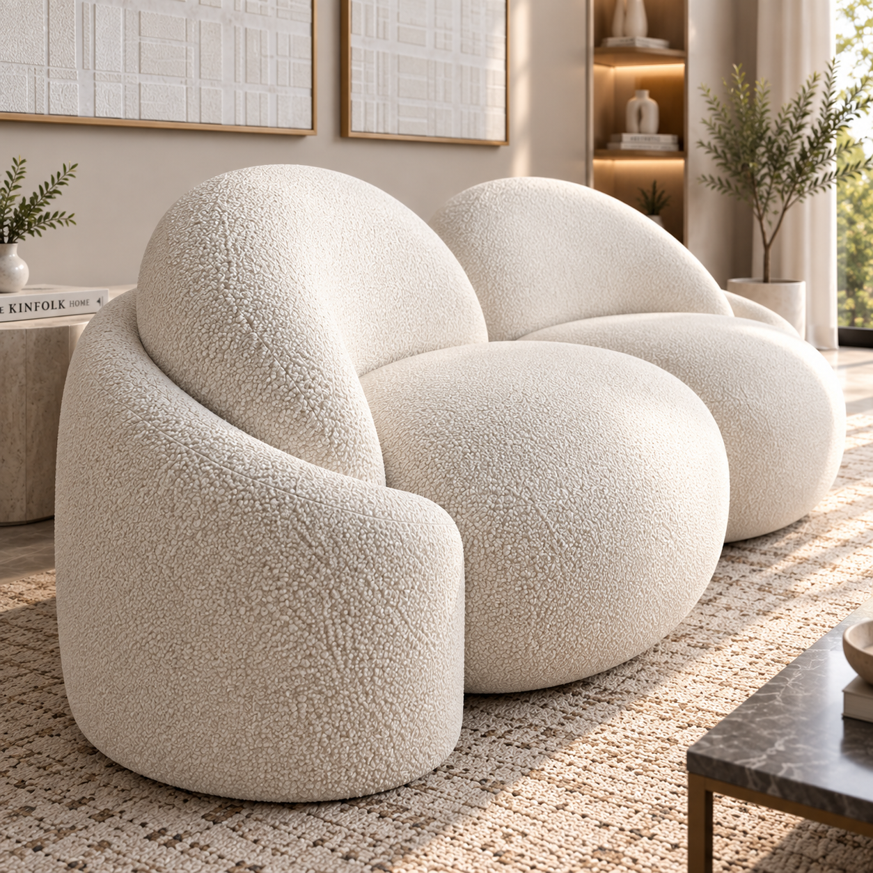 Modern White Boucle 2 Seater Sofa | Luxury Curved Loveseat with Plush Cushions