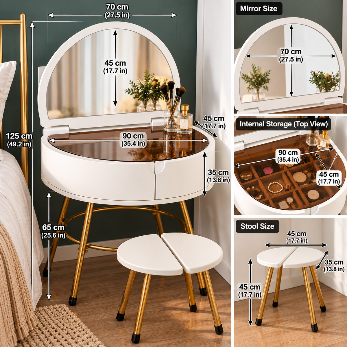 Modern White Dressing Table with Mirror & Stool