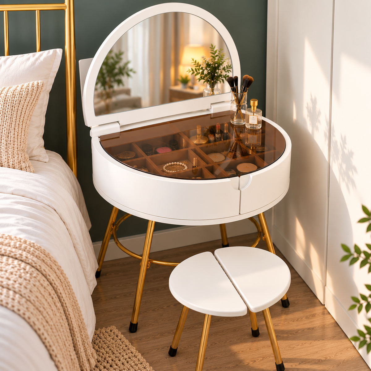 Modern White Dressing Table with Mirror & Stool
