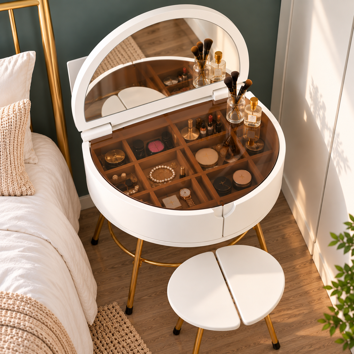Modern White Dressing Table with Mirror & Stool