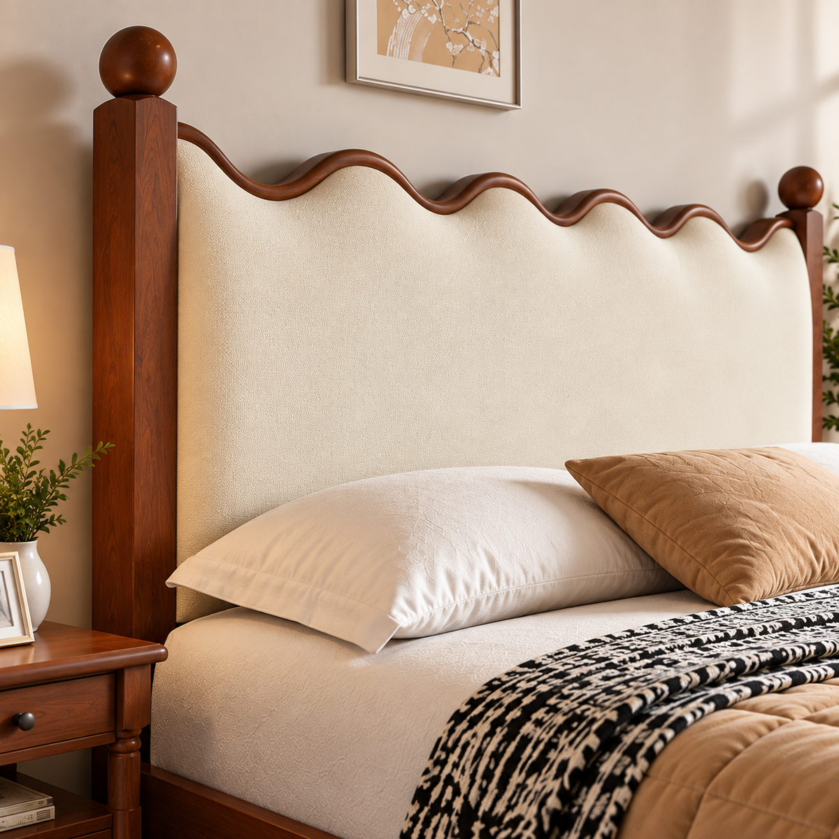 Modern Wooden Bed with Cream Upholstered Headboard & Wave Design, Walnut Finish