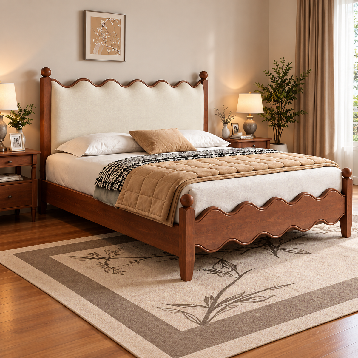 Modern Wooden Bed with Cream Upholstered Headboard & Wave Design, Walnut Finish