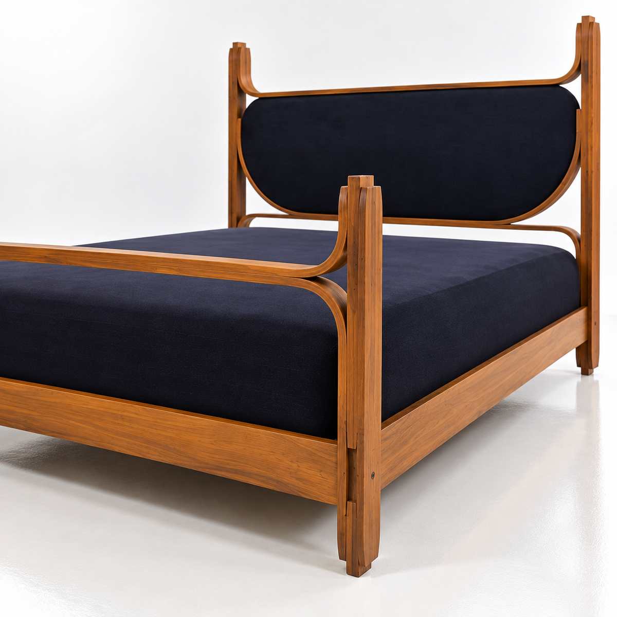 Modern Wooden Bed with Upholstered Headboard, Premium Solid Wood Bed Frame with Navy Blue Fabric, Contemporary King Size Platform Bed for Bedroom, Elegant Wooden Bedstead