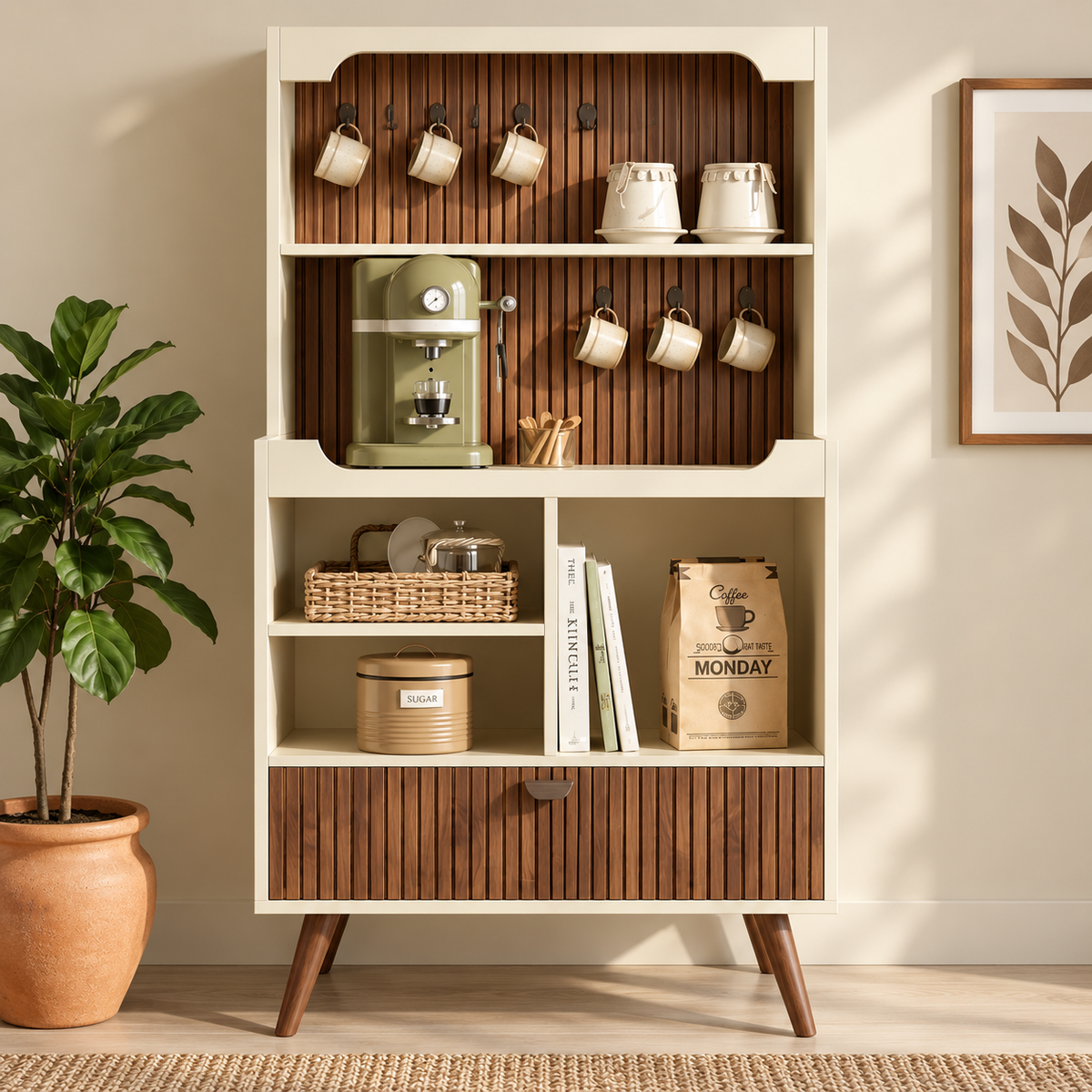 Modern Wooden Coffee Station Cabinet with Open Shelves  Walnut Slatted Coffee Bar Cabinet with Storage