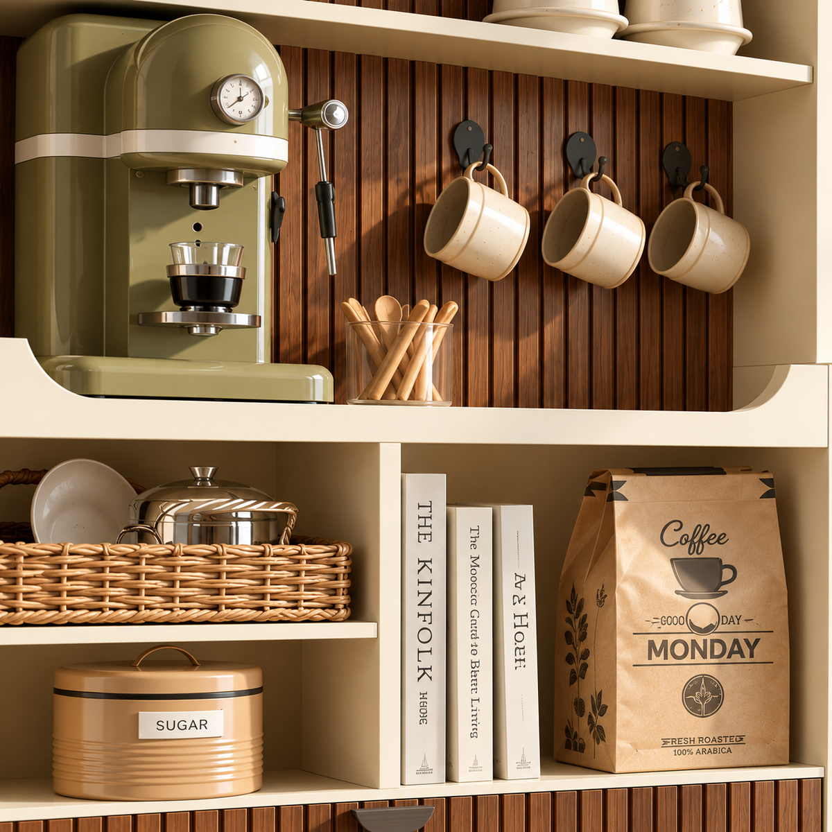 Modern Wooden Coffee Station Cabinet with Open Shelves  Walnut Slatted Coffee Bar Cabinet with Storage