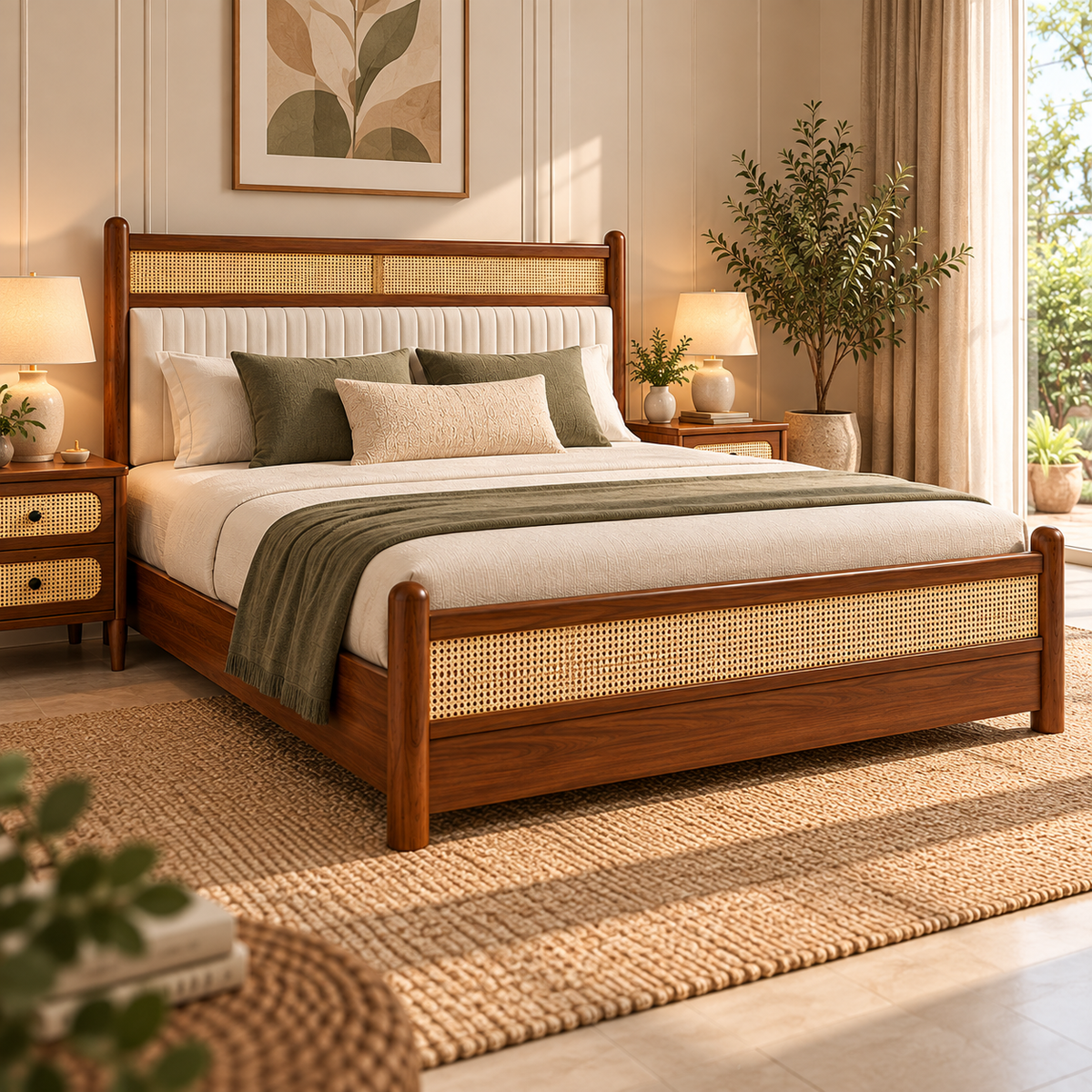 Modern Wooden King Size Bed with Cane Headboard & Upholstered Backrest, Walnut Finish
