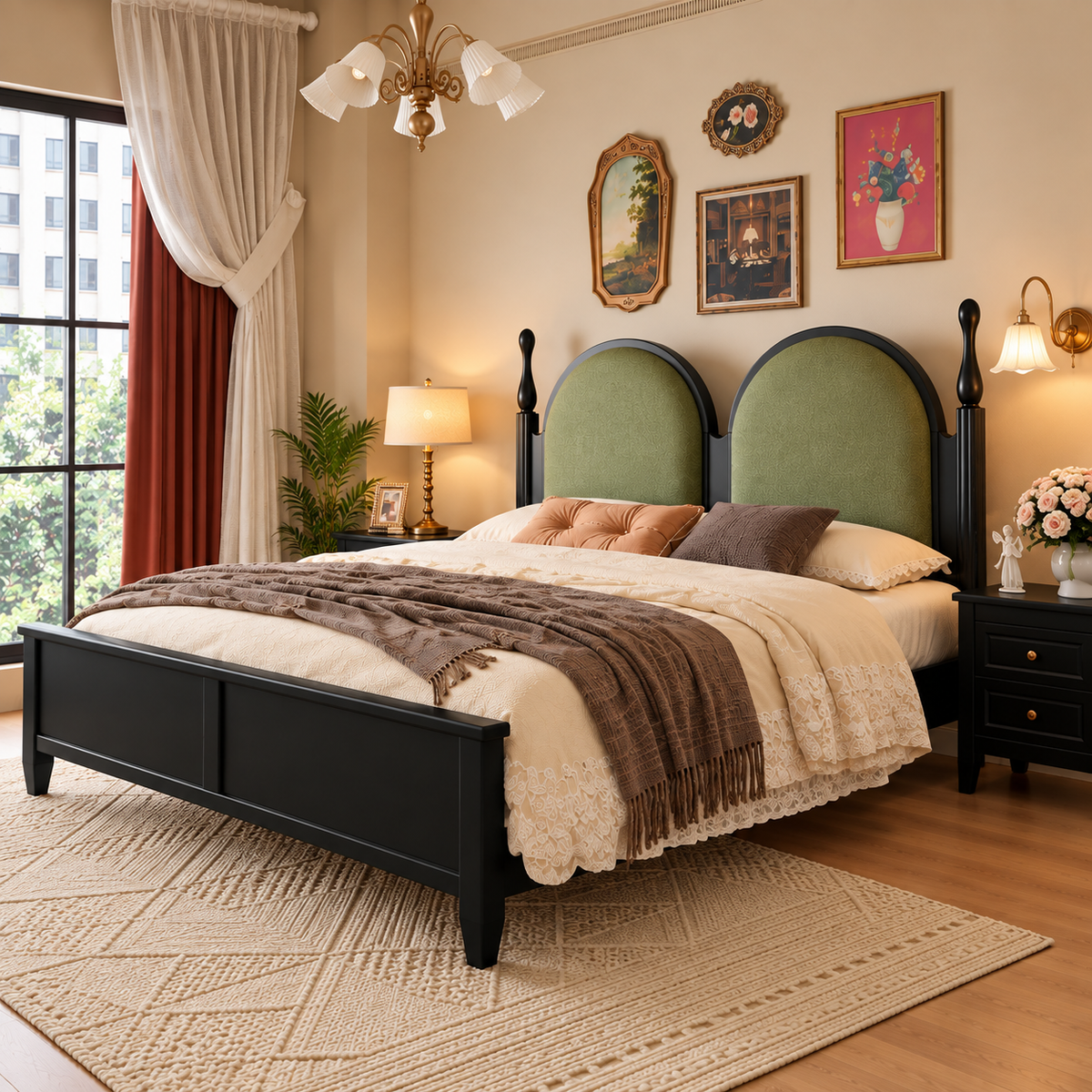 Modern Wooden King Size Bed with Double Arch Green Upholstered Headboard, Black Finish