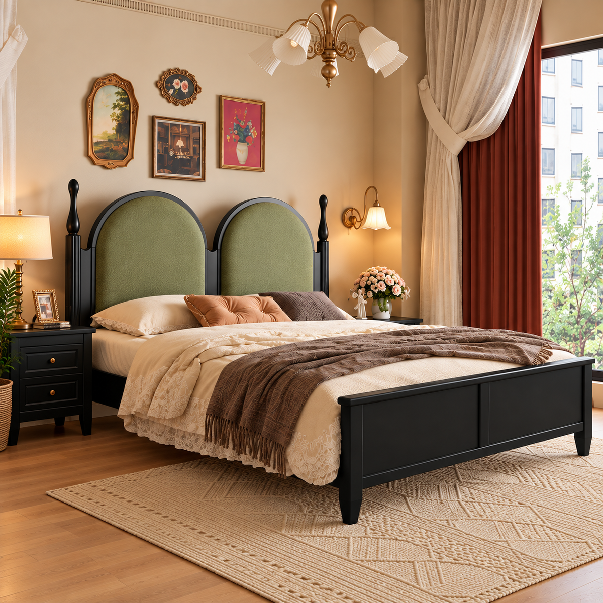 Modern Wooden King Size Bed with Double Arch Green Upholstered Headboard, Black Finish