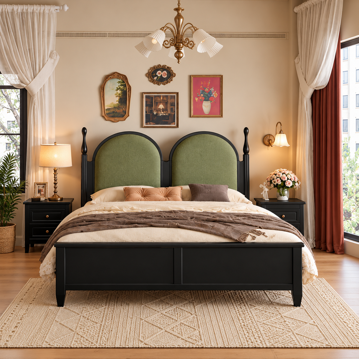 Modern Wooden King Size Bed with Double Arch Green Upholstered Headboard, Black Finish