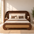 Modern Wooden King Size Bed with Upholstered Headboard, Cane Woven Footboard & Built-in Bedside Tables