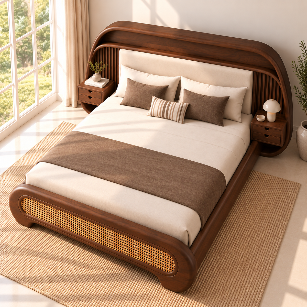 Modern Wooden King Size Bed with Upholstered Headboard, Cane Woven Footboard & Built-in Bedside Tables