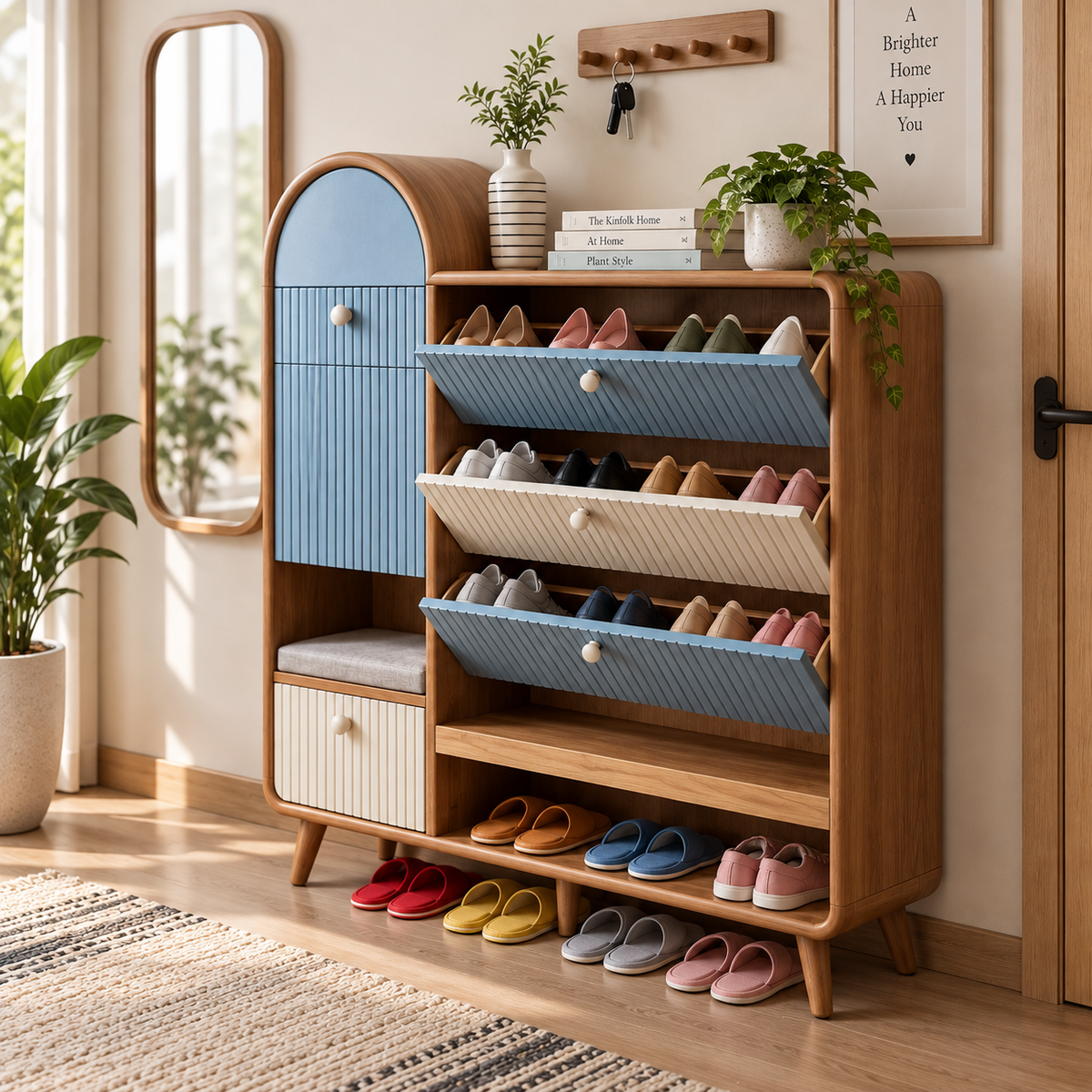 Modern Wooden Shoe Rack with Cushioned Seat  Blue & Cream Ribbed Shoe Cabinet  Entryway Shoe Organizer with Storage