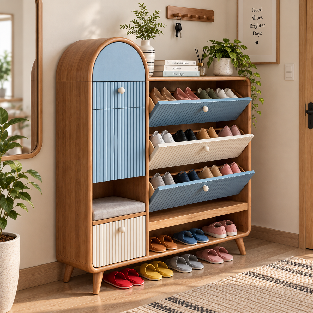 Modern Wooden Shoe Rack with Cushioned Seat  Blue & Cream Ribbed Shoe Cabinet  Entryway Shoe Organizer with Storage
