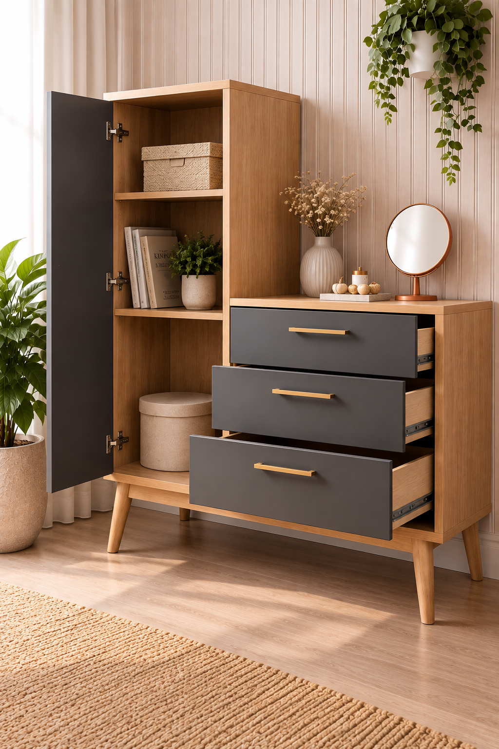 Modern Wooden Storage Cabinet with Drawers & Tall Wardrobe