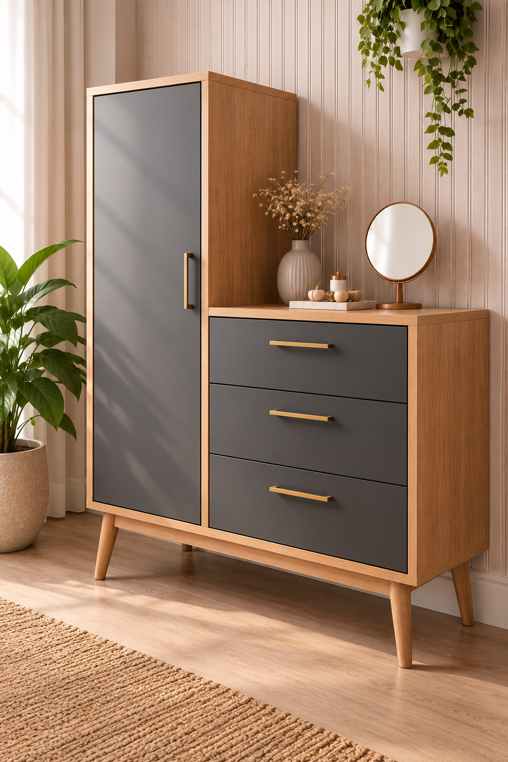 Modern Wooden Storage Cabinet with Drawers & Tall Wardrobe