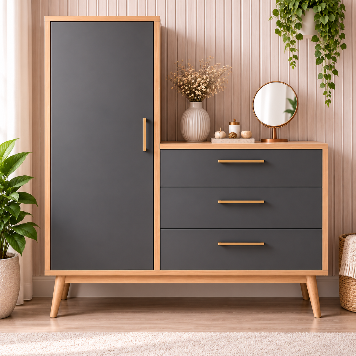 Modern Wooden Storage Cabinet with Drawers & Tall Wardrobe
