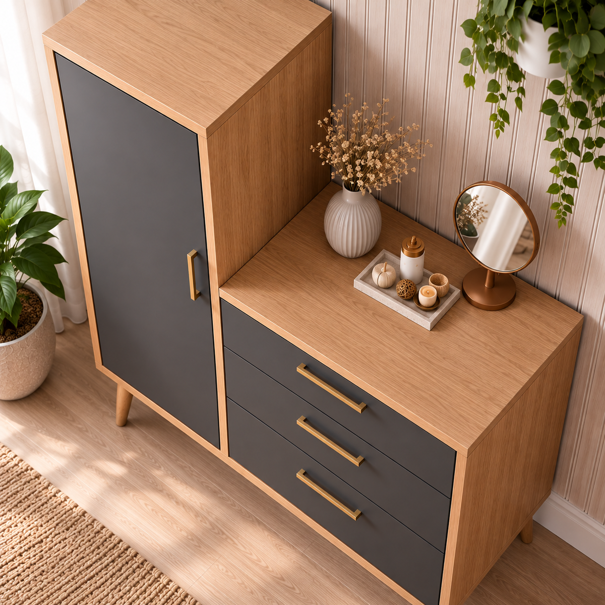 Modern Wooden Storage Cabinet with Drawers & Tall Wardrobe
