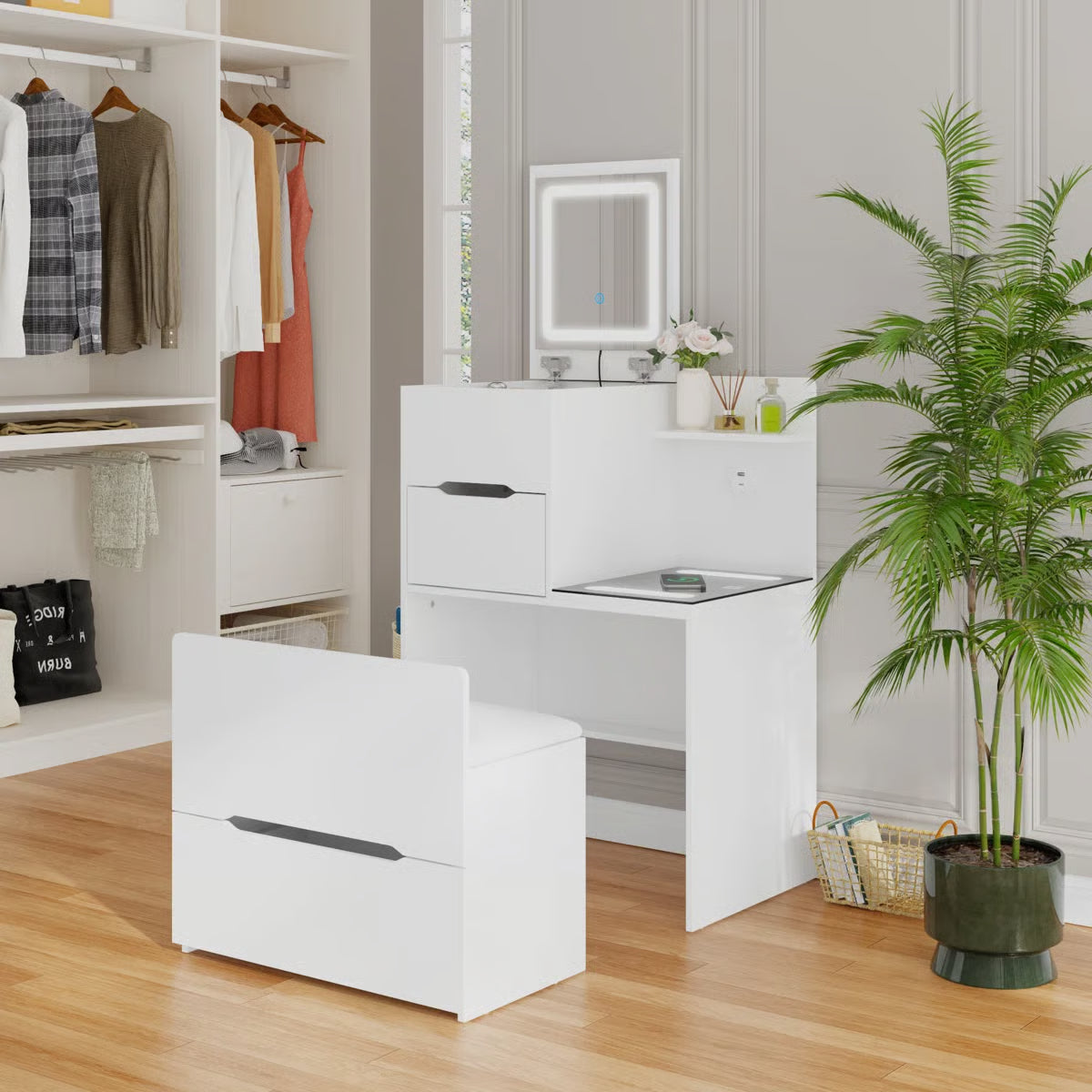 2-Drawer Flip-Top Vanity Table with LED Mirror, Wireless Charging Station & Upholstered Stool -OUCH CART |Dressing table 