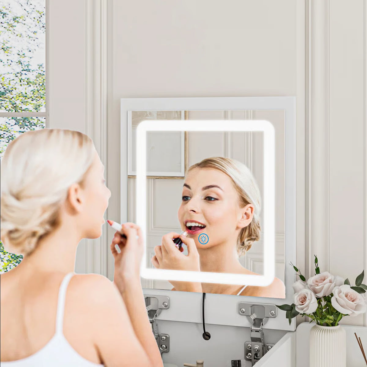 2-Drawer Flip-Top Vanity Table with LED Mirror, Wireless Charging Station & Upholstered Stool