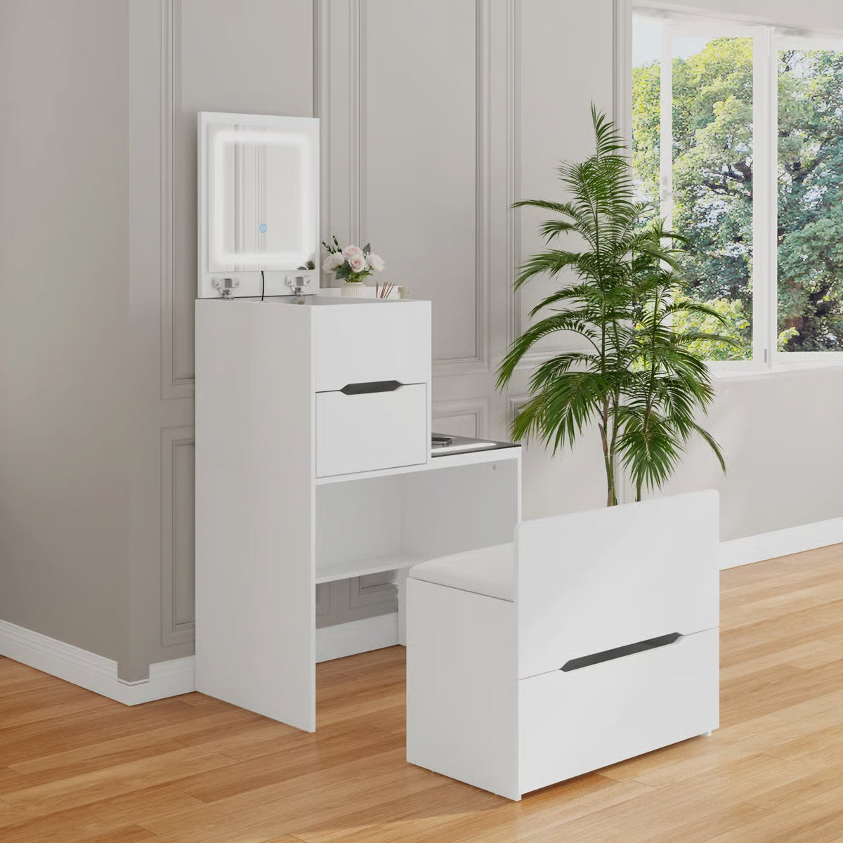 2-Drawer Flip-Top Vanity Table with LED Mirror, Wireless Charging Station & Upholstered Stool