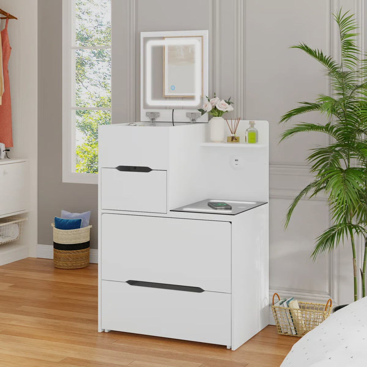 2-Drawer Flip-Top Vanity Table with LED Mirror, Wireless Charging Station & Upholstered Stool -OUCH CART |Dressing table 
