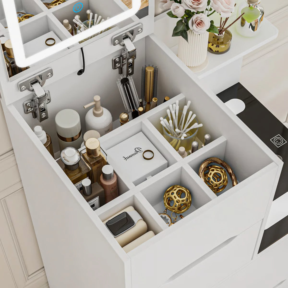 2-Drawer Flip-Top Vanity Table with LED Mirror, Wireless Charging Station & Upholstered Stool