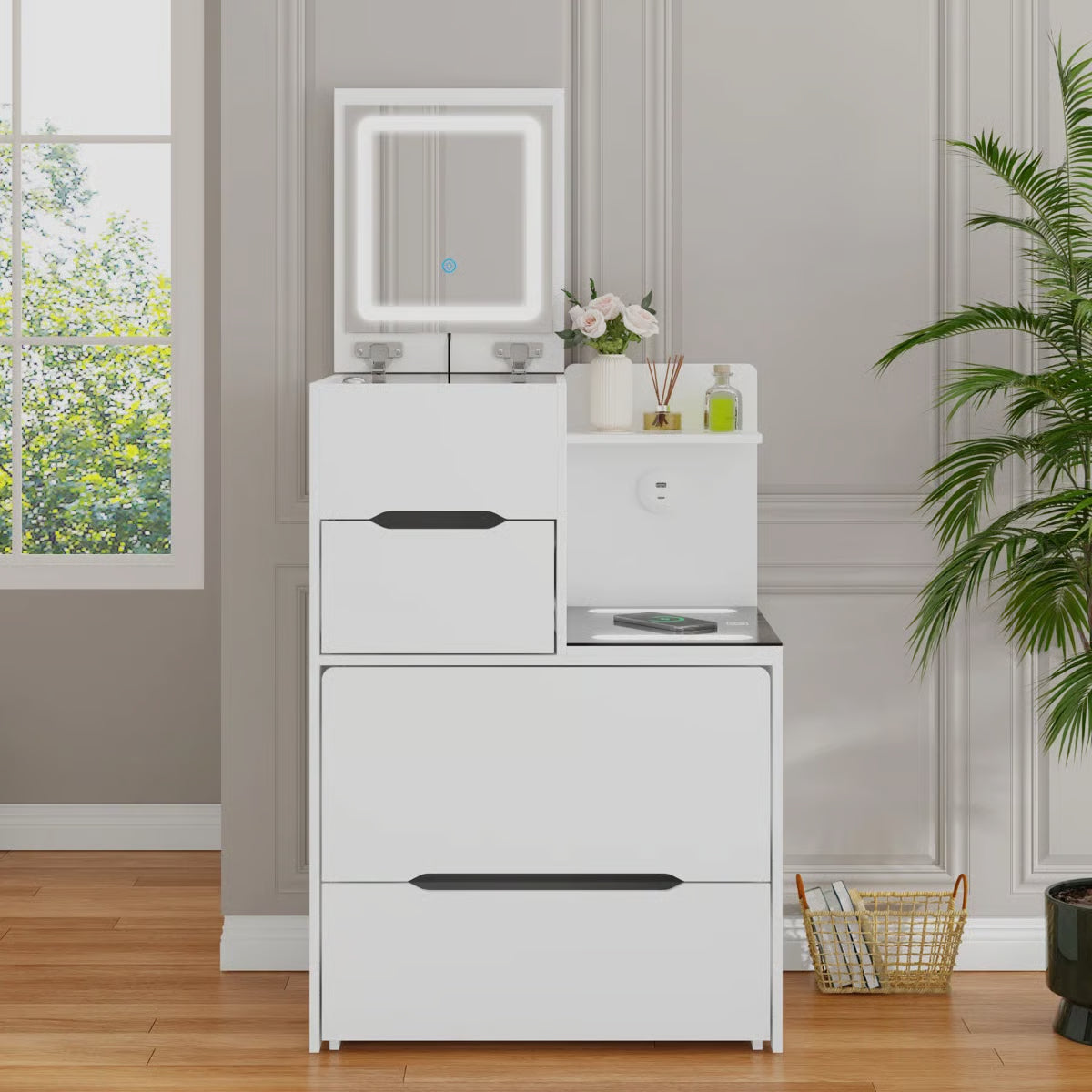2-Drawer Flip-Top Vanity Table with LED Mirror, Wireless Charging Station & Upholstered Stool -OUCH CART |Dressing table 
