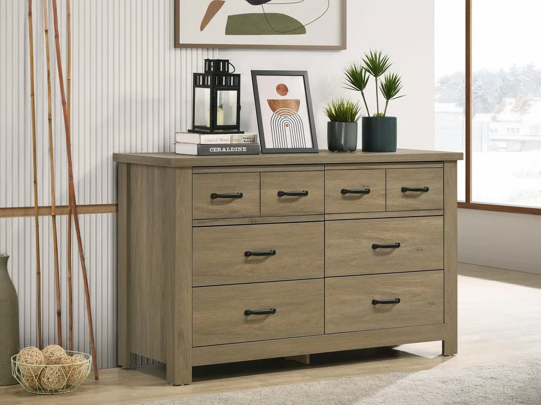 Stylish Modern Coffee Gray Oak Dresser – Finn 51" Wide 6-Drawer Chest with Black Handles-OUCH CART |Dressing table
